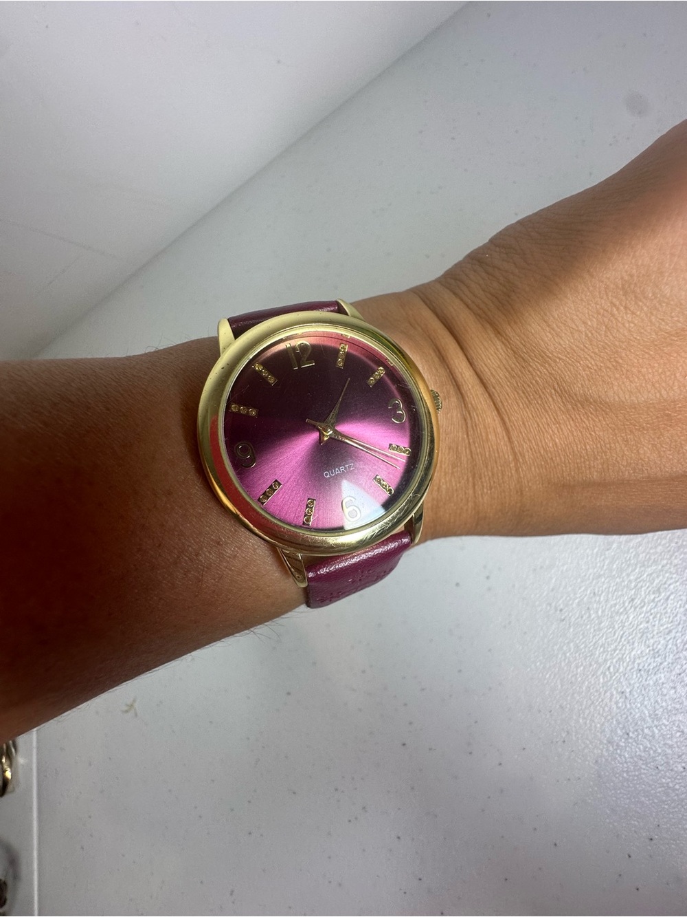 Source Unknown Pink Sunburst Dial Watch with Burgundy Leather Strap